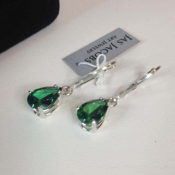Beautiful 3ctw Pear Cut Emerald Earrings in Sterling Silver Dangle Leverbacks - Picture 10 of 10